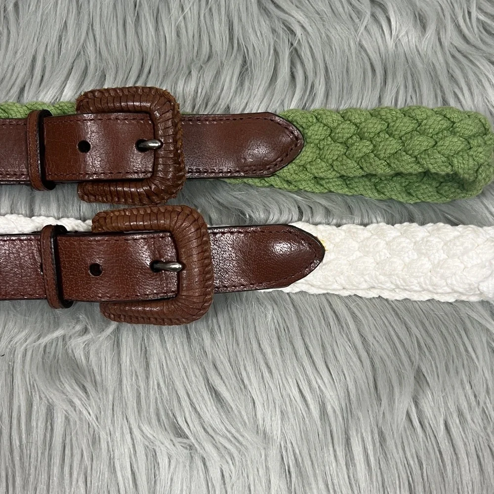 Boho Braided Green and White Brown Genuine Leather Buckle Belts Bundle of 2